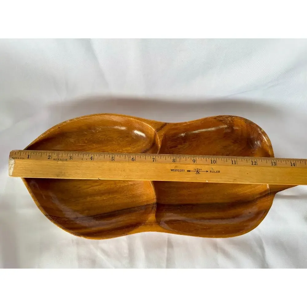 Vintage Acacia Wood Leaf Divided Serving Tray 2 Section Snack Bowl Boho Decor